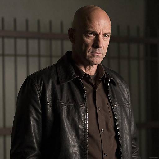 Serious Bald Man in Industrial Scene