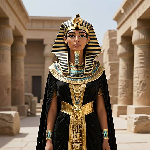 Photorealistic CGI of an Egyptian queen in elaborate black and gold attire with striped headdress, standing in ancient temple courtyard.