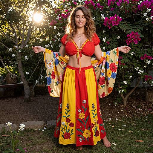 Photograph of a smiling woman with wavy brown hair, wearing a red crop top and yellow floral skirt, standing in a sunlit garden with blo