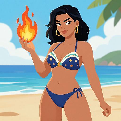 Digital drawing of a confident Latina woman with dark hair, wearing a blue polka dot bikini, holding a flame, standing on a sunny beach.