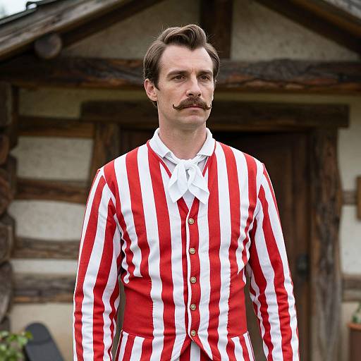 Photograph of a man with a mustache, wearing a red and white vertical striped shirt, standing in front of a rustic wooden house.
