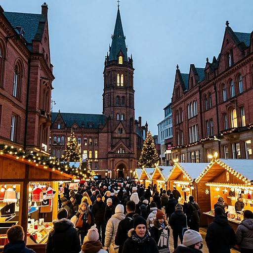 Photograph of a bustling evening Christmas market in a historic red-brick European town square, with illuminated stalls, decorated trees, and crowds in winter clothing