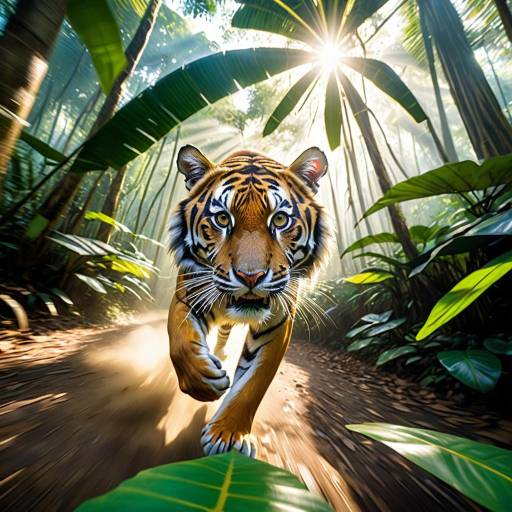 Siberian Tiger Running in Tropical Jungle
