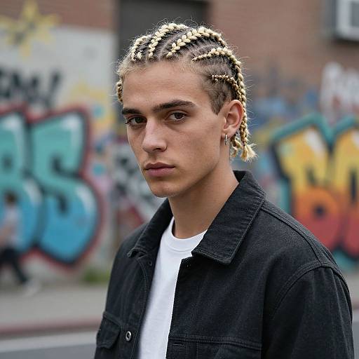 Photograph of a young man with light skin, blonde braided hair, black denim jacket, white shirt, standing in front of vibrant graffiti.