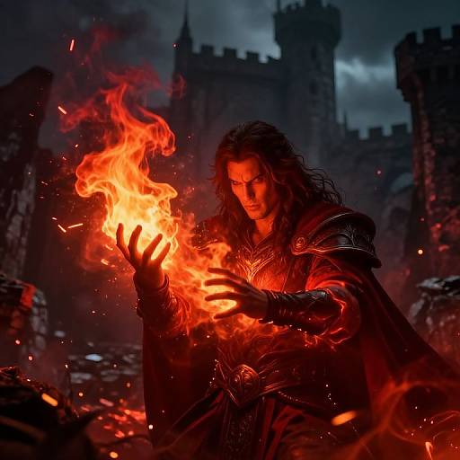 Dark-haired sorcerer with glowing red fire in hand, medieval castle ruins in background, intense flames, dramatic lighting, fantasy artwork.