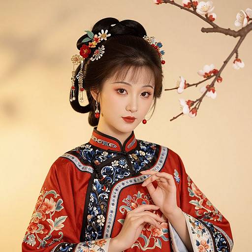 Photograph of an East Asian woman in a vibrant red and blue floral kimono, adorned with traditional hair accessories, against a soft, blurred background with