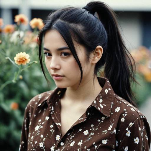 Young Woman in Brown Floral Shirt with Ponytail
