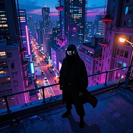 Cyberpunk cityscape at dusk, neon-lit skyscrapers, busy streets, silhouetted figure with glowing mask standing on a balcony