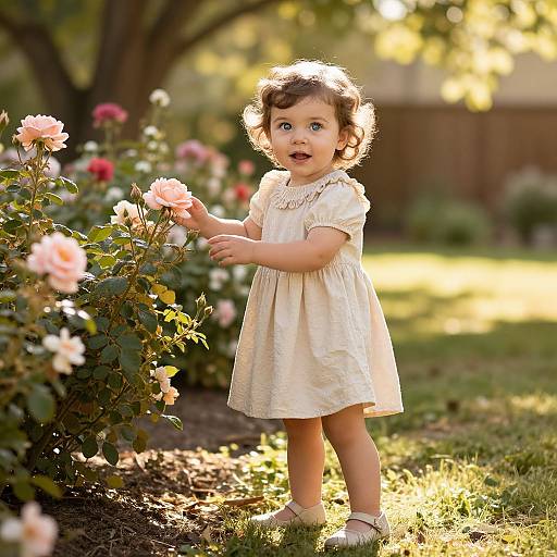 Photograph of a curly-haired, blue-eyed toddler girl in a cream dress, standing in a sunlit garden, gently touching pink roses with a joyful