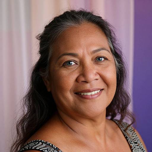 Photograph of a smiling middle-aged woman with dark, wavy hair, wearing a patterned top, against a purple and white background.