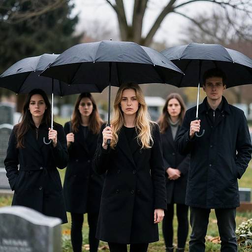 Melancholic Cemetery Gathering with Umbrellas