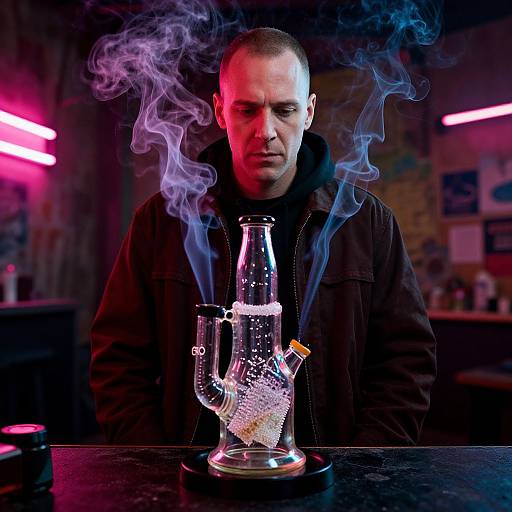 Photograph of a serious man with shaved head, wearing a black jacket, standing in a dimly lit room with neon pink lights, holding a glass