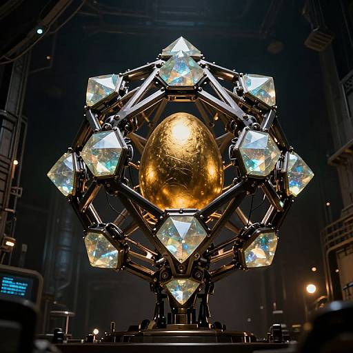 Photograph of a futuristic, metallic, geometric structure with glowing diamond-like crystals surrounding a golden, textured sphere in a dark, industrial setting.