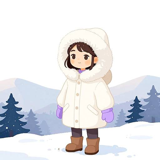 Cartoon Girl in Winter Parka on Snowy Hilltop