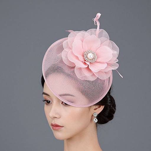 Photograph of an Asian woman with fair skin wearing a pink mesh fascinator adorned with a large, pale pink flower and pearl center, against a gray