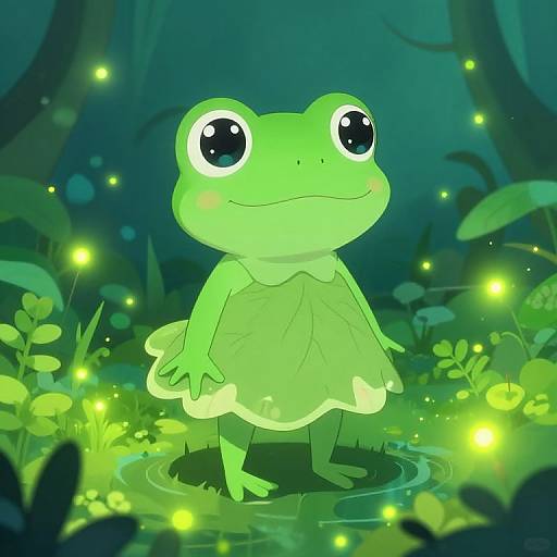 Digital illustration of a cute, green frog wearing a leaf dress standing in a glowing, enchanted forest with fireflies.