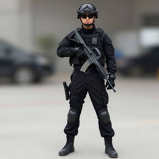Photograph of a male SWAT officer in black tactical gear, helmet, sunglasses, holding a rifle, standing confidently in a blurred urban background.