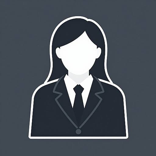 Minimalist digital drawing of a faceless woman in a black suit with a white necktie, outlined in white on a dark blue background.