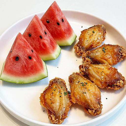 Photograph of a white plate with three watermelon slices and four golden-brown, crispy fried fish fillets garnished with green herbs.