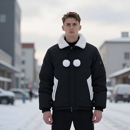 Photograph of a young man with short brown hair standing in a snowy urban street, wearing a black winter jacket with white fur trim and pom-poms
