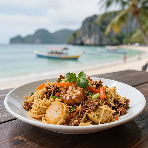 Photograph of a white plate with stir-fried noodles, shrimp, and vegetables on a wooden table by a tropical beach.