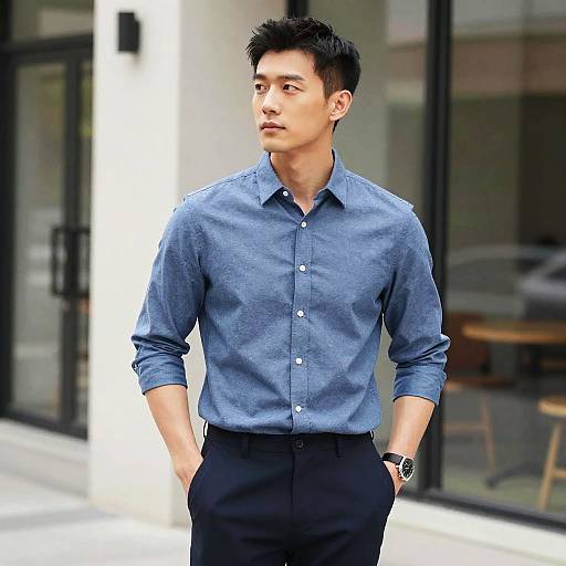 Young Man in Blue Shirt Smart Casual Style