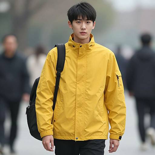 Photograph of a young Asian man with short black hair, wearing a bright yellow jacket, black backpack, and black pants, walking outdoors amid a blurred