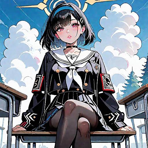 Anime Girl Sitting Outdoors in Serafuku