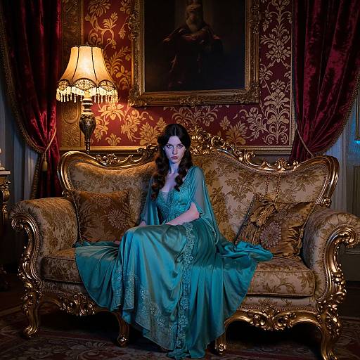 Photograph: Gothic woman with long black hair, wearing elaborate teal gown, sits on ornate gold sofa in dimly lit, luxurious room with red