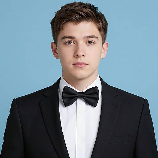 Young man with fair skin, short brown hair, wearing a black tuxedo and bow tie, against a solid light blue background. Photographic portrait