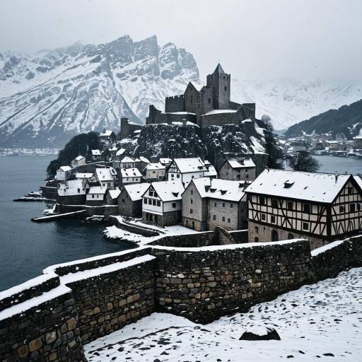Snowy Medieval Harbor with Stone Fortification