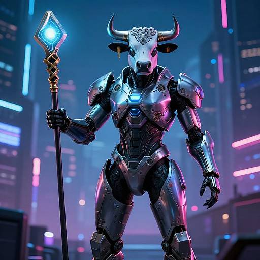 CGI image of a futuristic, armored minotaur robot holding a glowing blue staff in a neon-lit cityscape.
