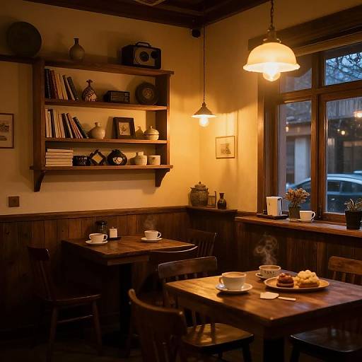 Cozy, warmly-lit café with wooden furniture, shelves of books and pottery, two hanging lights, and a window view of a street.