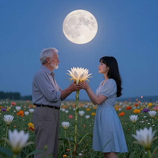 Photograph of an elderly white man with gray hair and a bearded woman with black hair holding a glowing flower under a full moon in a colorful flower