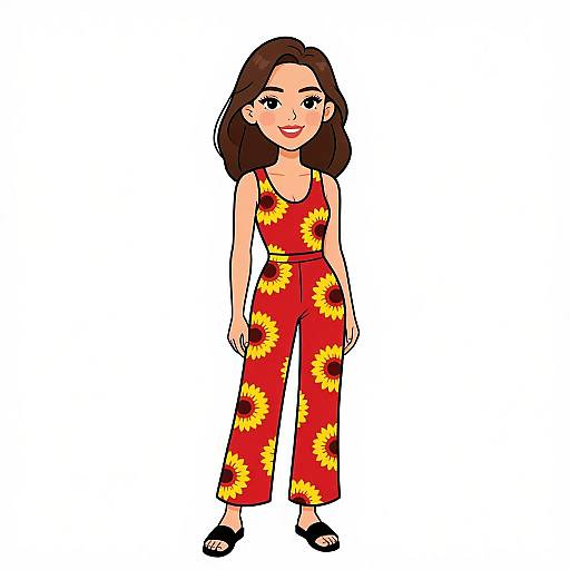 Cartoon illustration of a smiling woman with brown hair, wearing a red and yellow sunflower patterned jumpsuit and black flats.