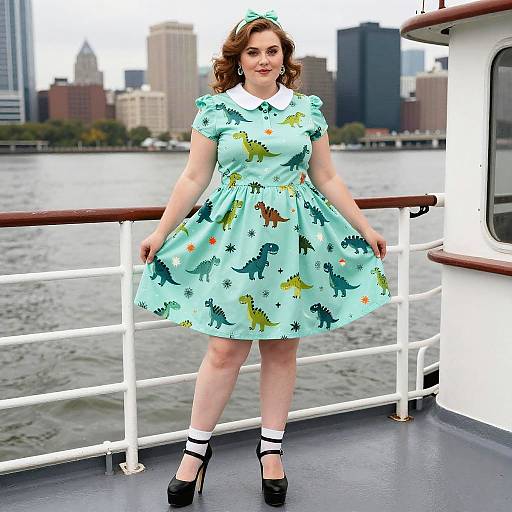 Photograph of a curvy woman with fair skin and brown hair, wearing a light blue, dinosaur-print dress, black heels, and white socks,