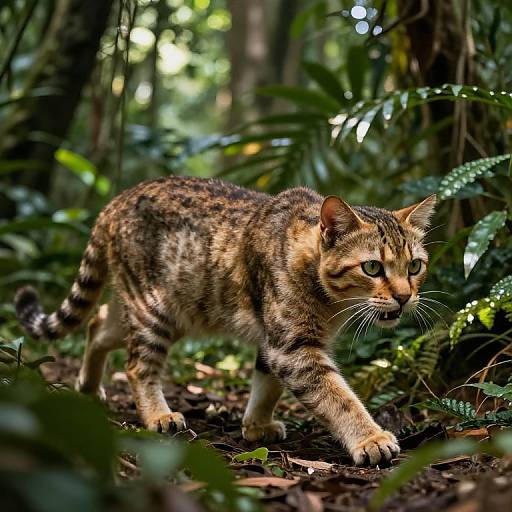 Photograph of a tabby cat with green eyes, walking through a dense, sunlit forest. Its striped fur blends with the lush greenery and