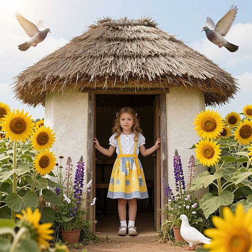 Photograph of a young girl in a yellow floral dress standing in a thatched hut doorway, surrounded by sunflowers, birds, and blooming flowers