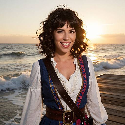 Photograph of a smiling woman with curly black hair, wearing a white blouse and blue embroidered vest, standing on a wooden pier at sunset, waves in
