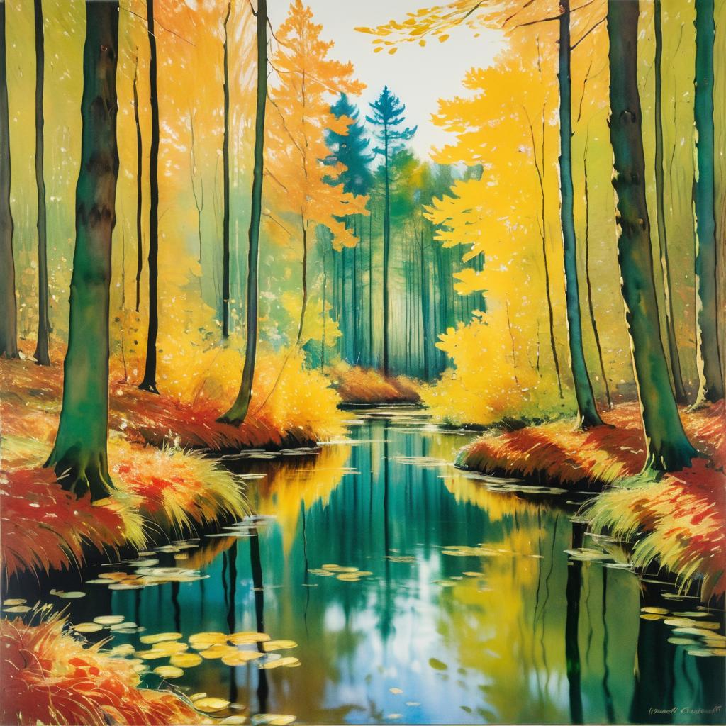 Tranquil Autumn Forest Chromolithography Print