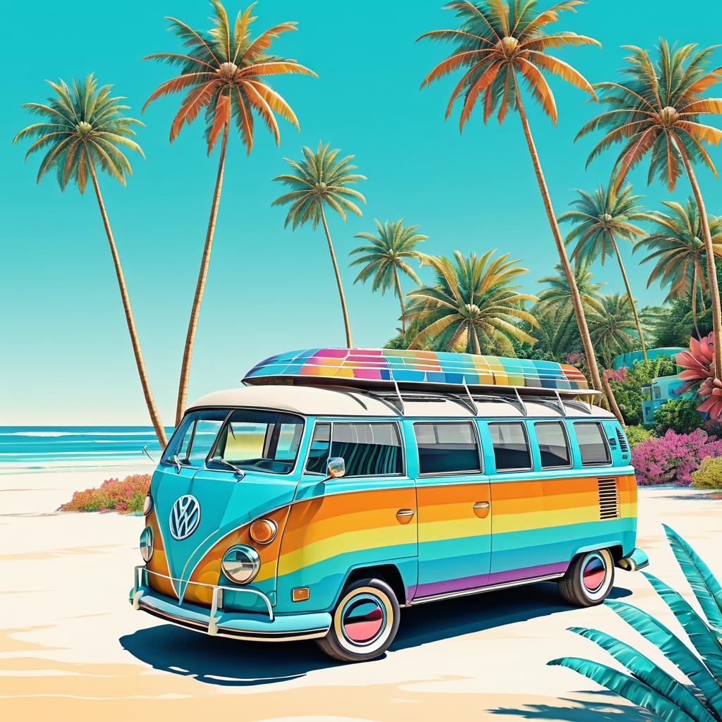 Retro Psychedelic VW Microbus on Beach