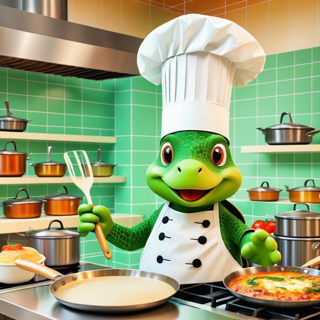 Whimsical Turtle Chef in Busy Kitchen