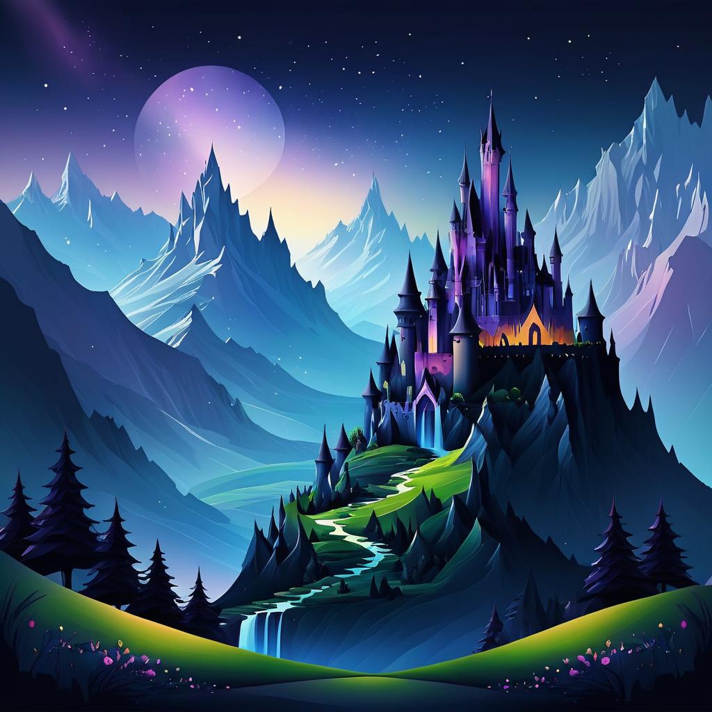 Mystical Mountain Landscape with Dark Castle