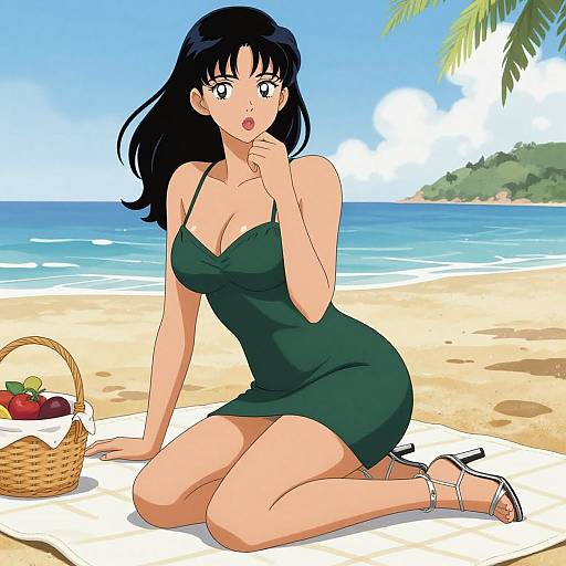 Anime-style drawing of a black-haired woman in a green dress, kneeling on a beach towel, near a wicker basket of fruit, with a palm