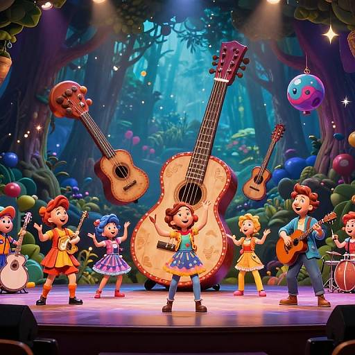 Colorful cartoon stage show featuring six children and two adults singing and playing guitars, drums, with oversized guitars and colorful balloons.