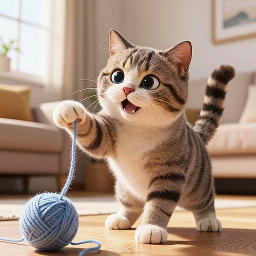 Adorable, wide-eyed, gray tabby kitten with white chest and paws, playfully pouncing on a blue yarn ball in a sunlit