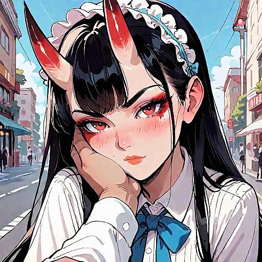 Anime Oni Girl with Horns on City Street