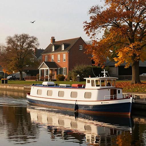 Autumn Riverhouse with Boat and Reflection