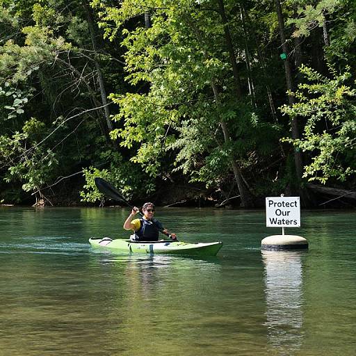 Photograph of a person kayaking in a green kayak on a calm, forested river, with a 