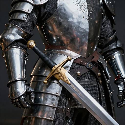 Photograph of a medieval knight in shiny silver armor, holding a sword with a gold hilt, dark background, intricate armor details.